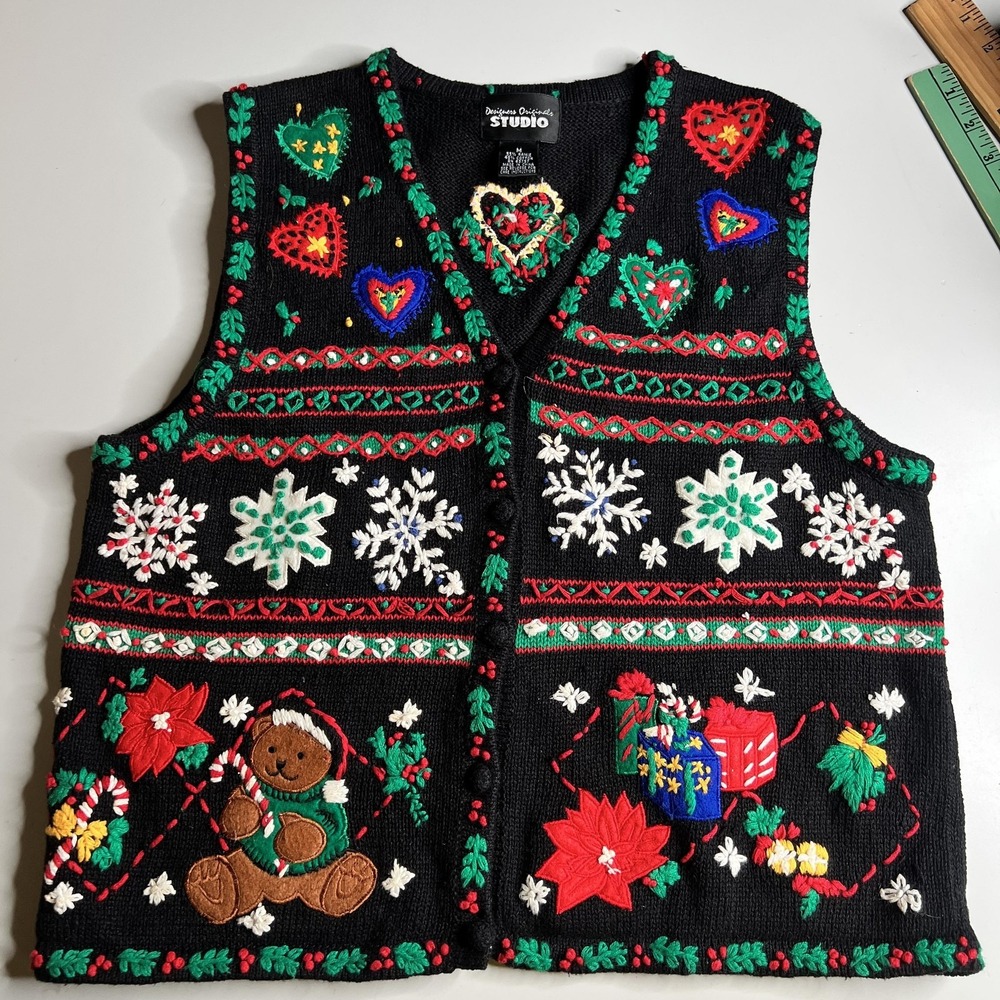 Designers Originals Studio Christmas Sweater Vest Black Teddy Bear Hearts Med